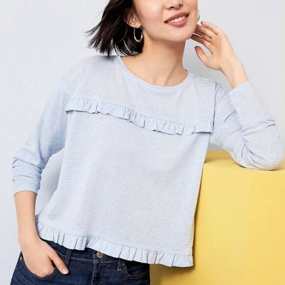 Loft | Blue and White Stripe Ruffle Top | Medium - Picture 1 of 7